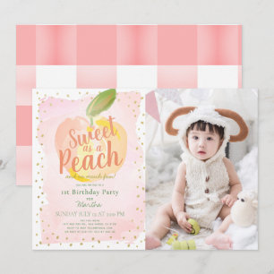 Invitation Sweet as a Peach Pink Girl Photo 1er anniversaire