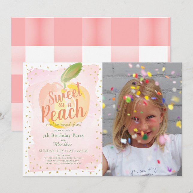 Invitation Sweet as a Peach Pink Girl Photo Anniversaire (Devant / Derrière)