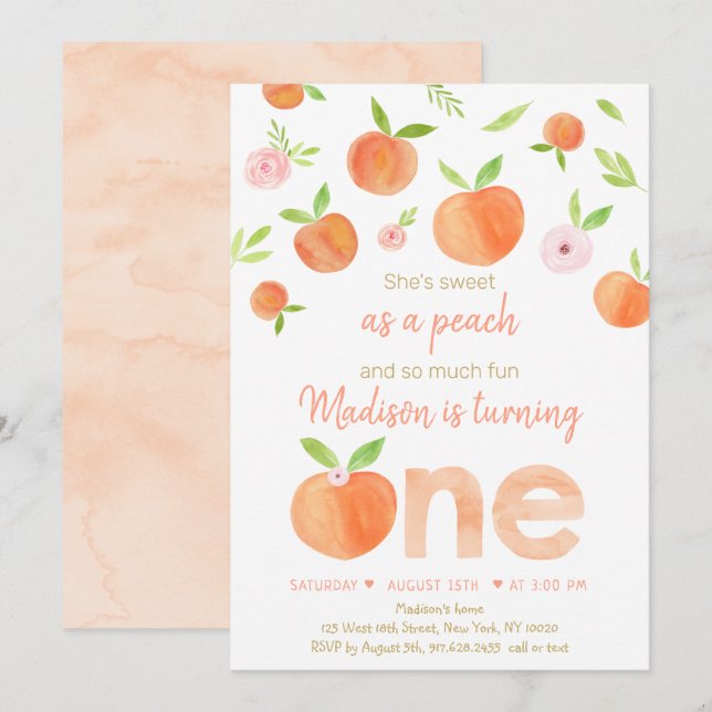 Invitation Sweet As A Peach Premier Anniversaire (Devant / Derrière)