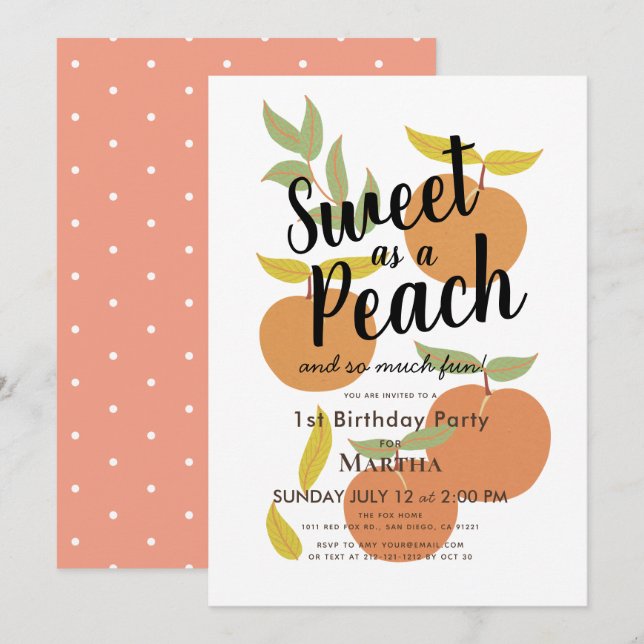Invitation Sweet as a Peach Retro Girl 1er anniversaire (Devant / Derrière)