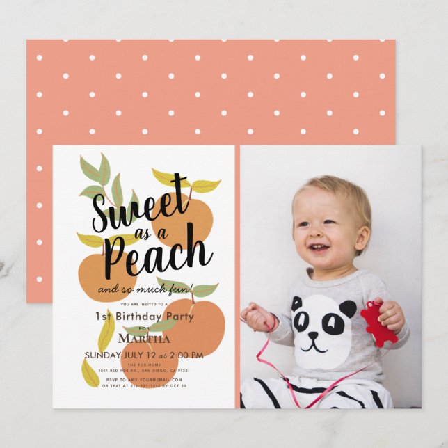 Invitation Sweet as a Peach Retro Girl Photo 1er anniversaire (Devant / Derrière)