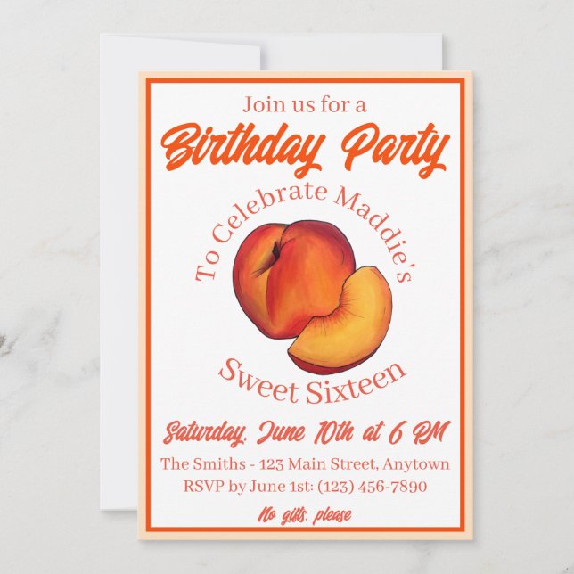 Invitation Sweet as a Peach Seize 16 Seizième anniversaire (Devant)