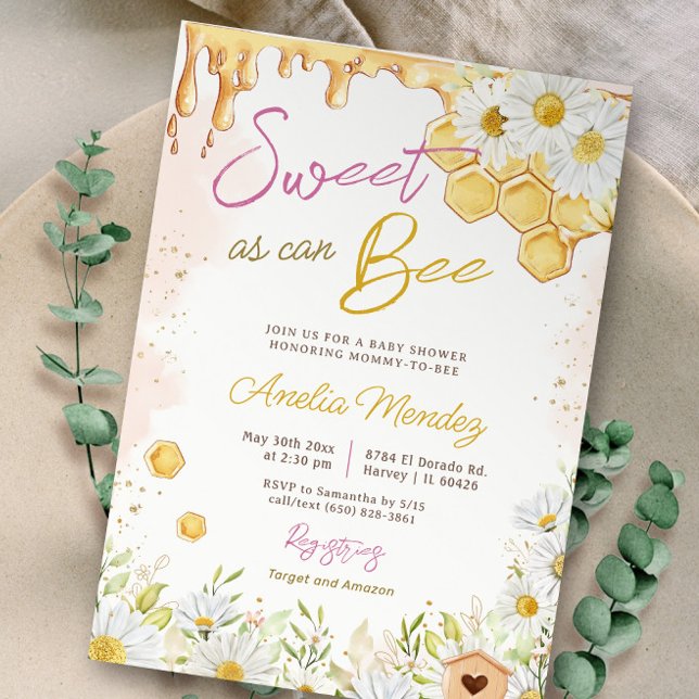 Invitation Sweet As Can Bee Pink Bumblebee Baby shower fille (Créateur téléchargé)