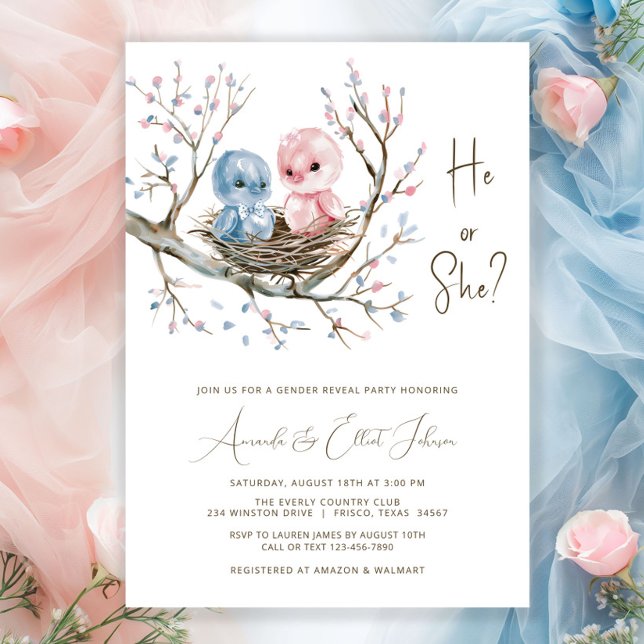 Invitation Sweet Baby Birds Sexe Reveal Party (Sweet baby birds in a nest on a pretty pink and blue flower tree branch gender reveal invitation. )
