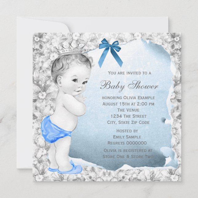 Invitation Sweet Baby Boy Baby shower bleu et gris (Devant)
