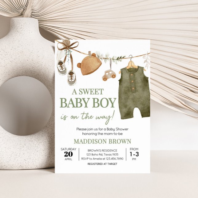 Invitation Sweet Baby Boy Boho Vêtements Baby shower (Boho Clothes Sweet Baby Boy Baby Shower Invitation)