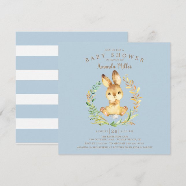 Invitation Sweet Baby Bunny Boys Baby shower (Devant / Derrière)