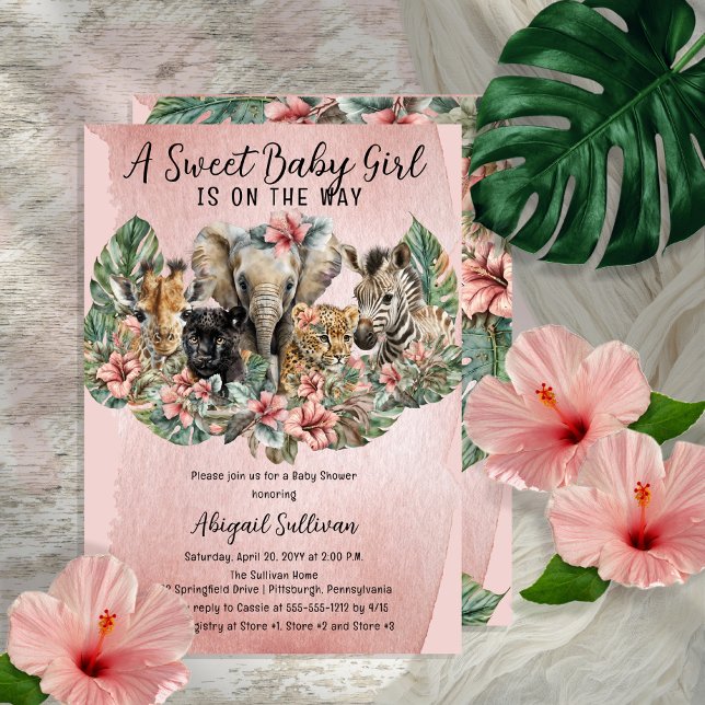 Invitation Sweet Baby Girl Animals Tropical Safari Douche (Créateur téléchargé)