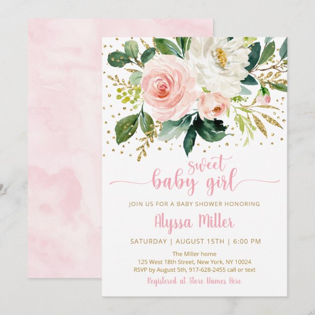 Invitation Sweet Baby Girl Boho Floral Baby shower or rose (Devant / Derrière)