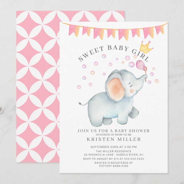 Invitation Sweet Baby Girl Elephant Baby shower (Devant / Derrière)