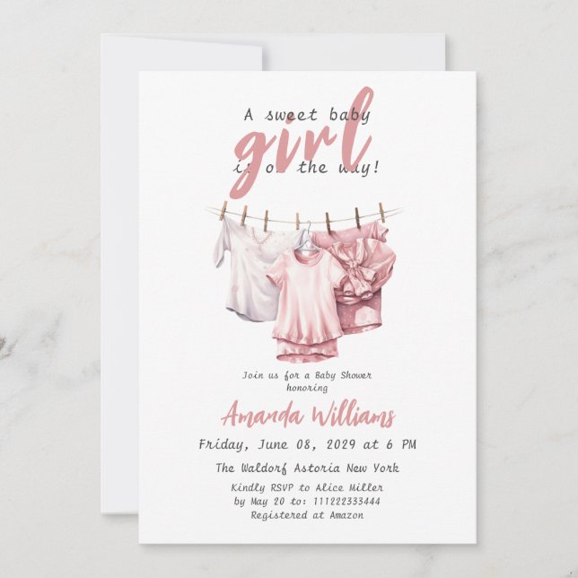 Invitation Sweet Baby Girl on the Way - Boho Pink Clothesline (Devant)