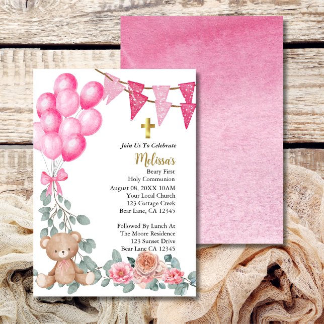 Invitation Sweet Baby Girl Pink Balloon Première communion sa (Créateur téléchargé)