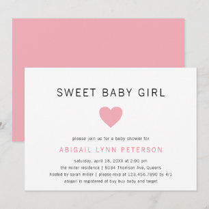 Invitation Sweet Baby Girl Rose Heart Baby shower mignon