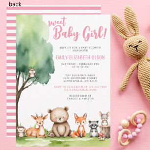 Invitation Sweet Baby Girl Woodland Animaux Baby shower