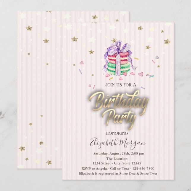 Invitation Sweet Baby Macarons étoiles fête d'anniversaire (Devant / Derrière)