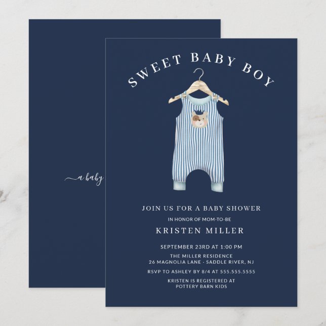 Invitation Sweet Bear Romper Boys Baby shower (Devant / Derrière)