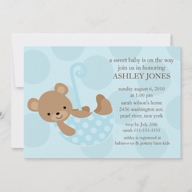 Invitation Sweet Bear Umbrella Boy Baby Shower (Devant)