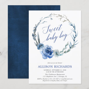 Invitation Sweet bébé garçon marine bleu floral aquarelle wre