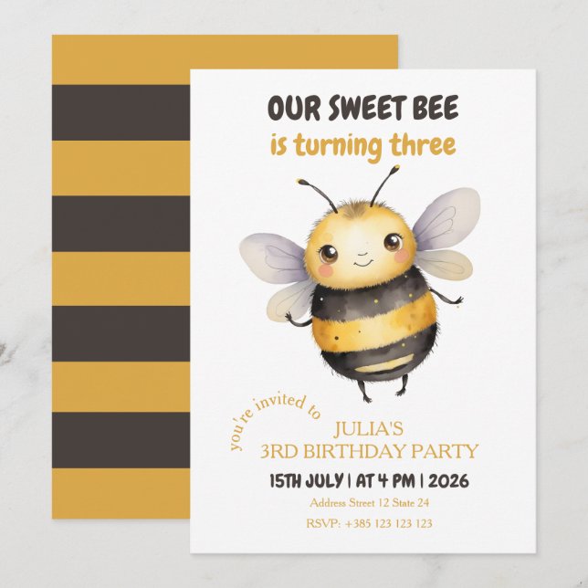 Invitation Sweet Bee Kid's Birthday Party (Devant / Derrière)