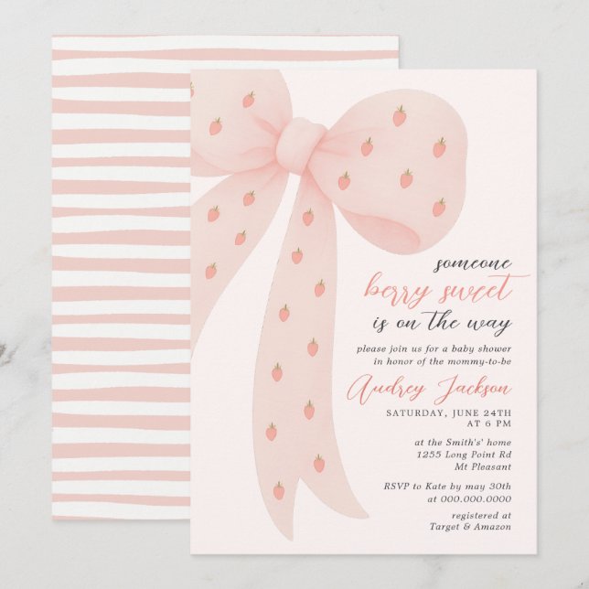 Invitation Sweet Berry Girl Pink Coquette Bow Baby Shower  (Devant / Derrière)