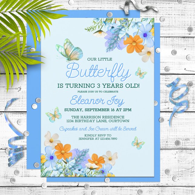 Invitation Sweet Blue Butterfly Thème Fête d'anniversaire de  (Créateur téléchargé)