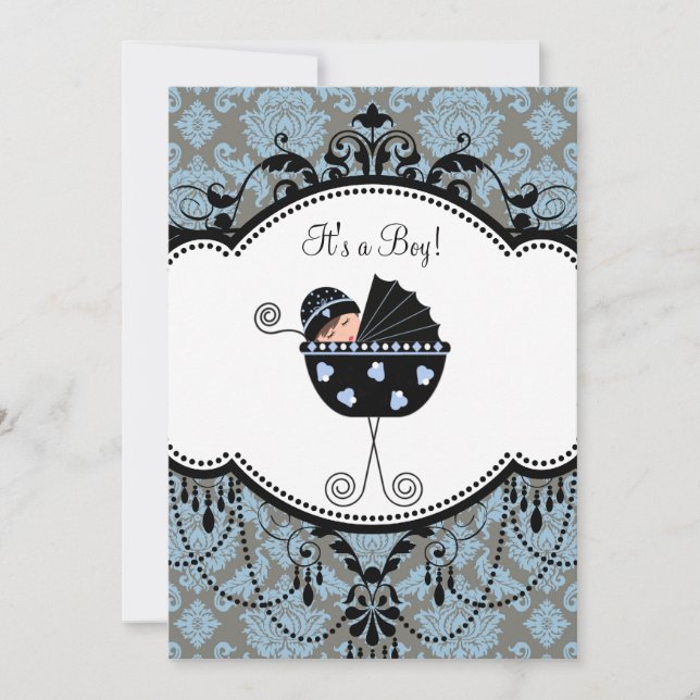 Invitation Sweet Blue Damask Baby Boy Douche (Devant)