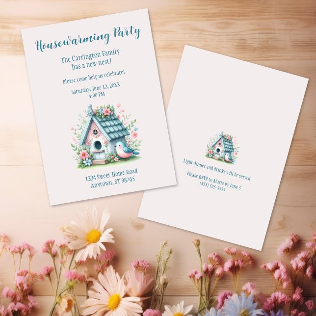 Invitation Sweet Blue et rose Birdhouse Fête de réchauffement (Sweet Blue and Pink Birdhouse Housewarming Party Invitation)