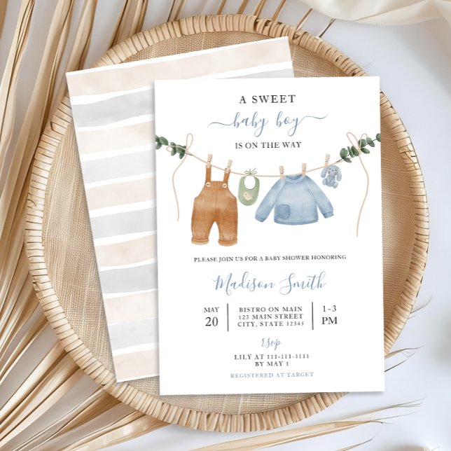 Invitation Sweet Boho Neutral Clothesline Baby shower garçon (Créateur téléchargé)