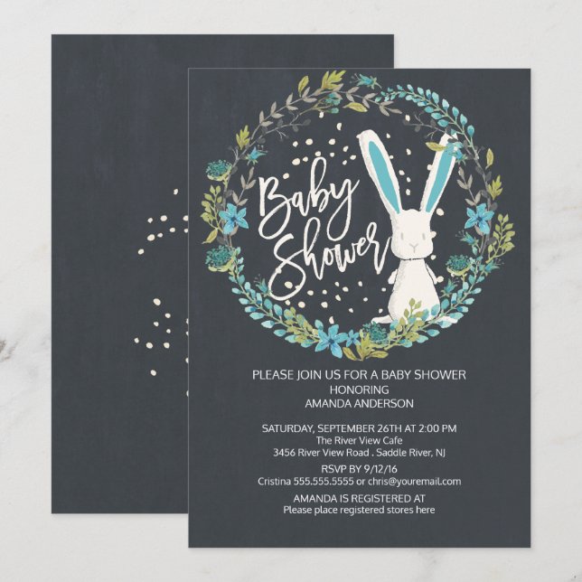 Invitation Sweet Bunny Boys Baby shower (Devant / Derrière)