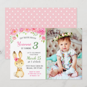 Invitation Sweet Bunny Floral Rose Girl Anniversaire Photo