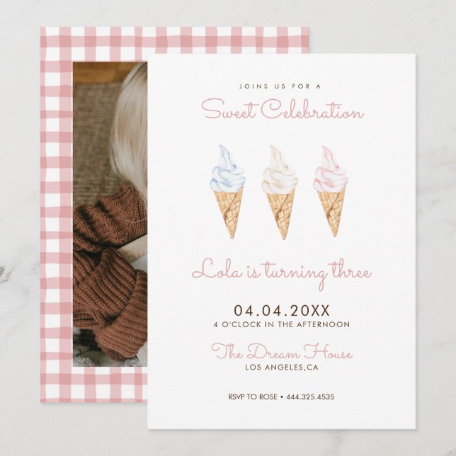 Invitation Sweet Celebration Glace Crème rose Anniversaire (Devant / Derrière)