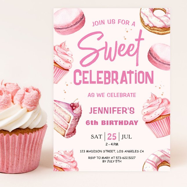 Invitation Sweet Celebration Pink Donuts Fille 6e anniversair (Créateur téléchargé)