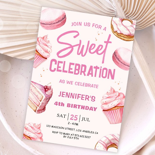 Invitation Sweet Celebration Pink Donuts Girl 4e anniversaire (Créateur téléchargé)