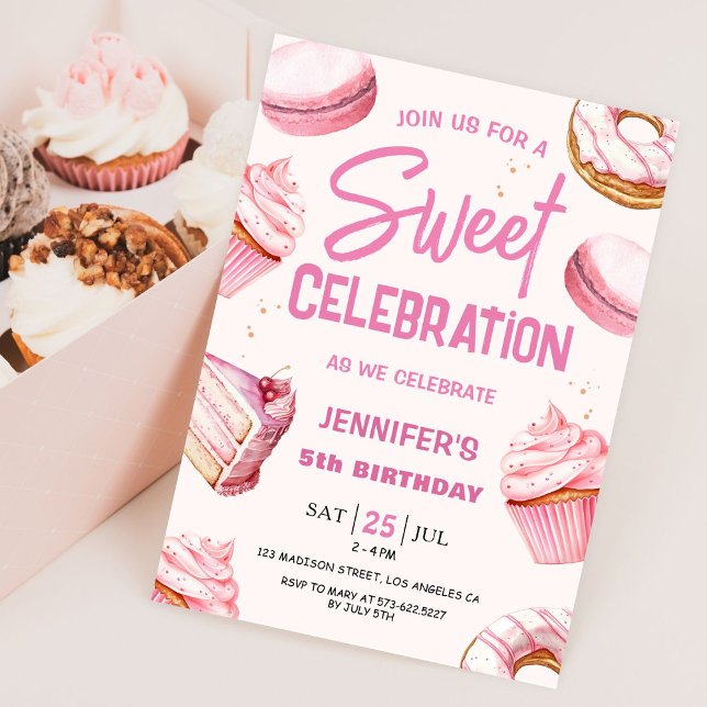 Invitation Sweet Celebration Pink Donuts Girl 5e anniversaire (Créateur téléchargé)