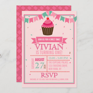 Invitation Sweet Cupcake rose et vert/fête d'anniversaire