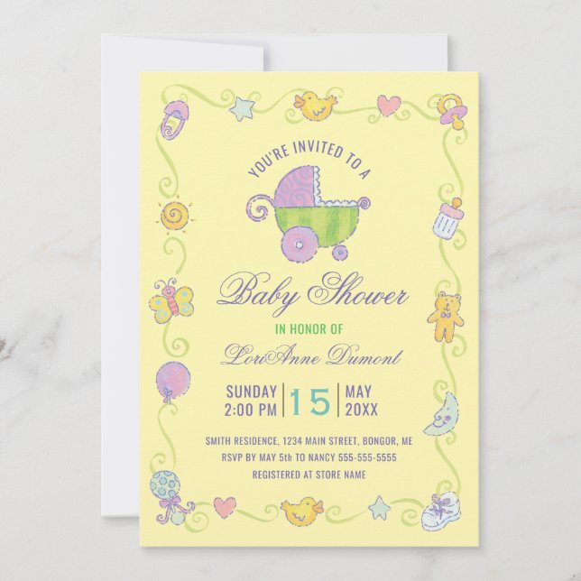 Invitation Sweet Dreams Carriage Baby shower jaune (Devant)