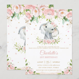 Invitation Sweet Elephant Blush rose Floral Or 1er anniversai