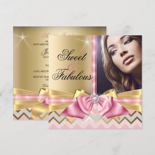 Invitation Sweet et Fabulous Pink Gold Chevron Anniversaire (Devant / Derrière)