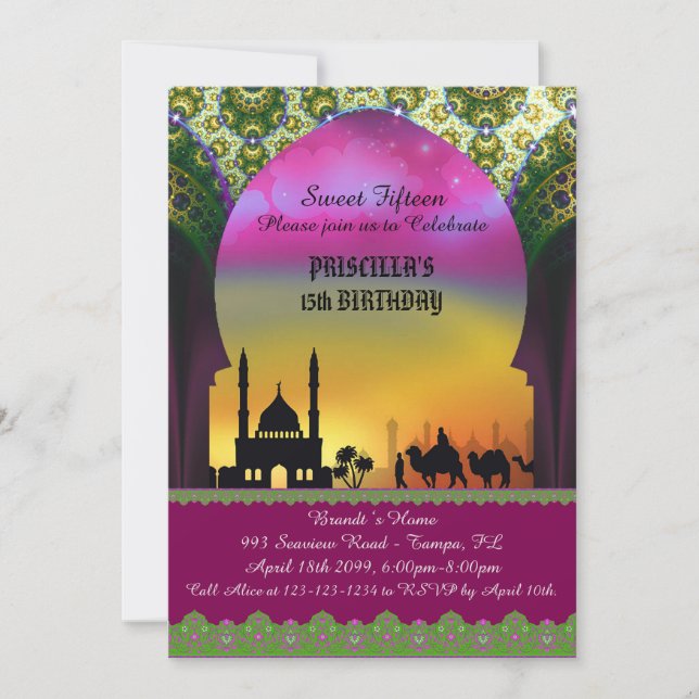 Invitation Sweet Fifteen, anniversaire, invitation, nuit arab (Devant)