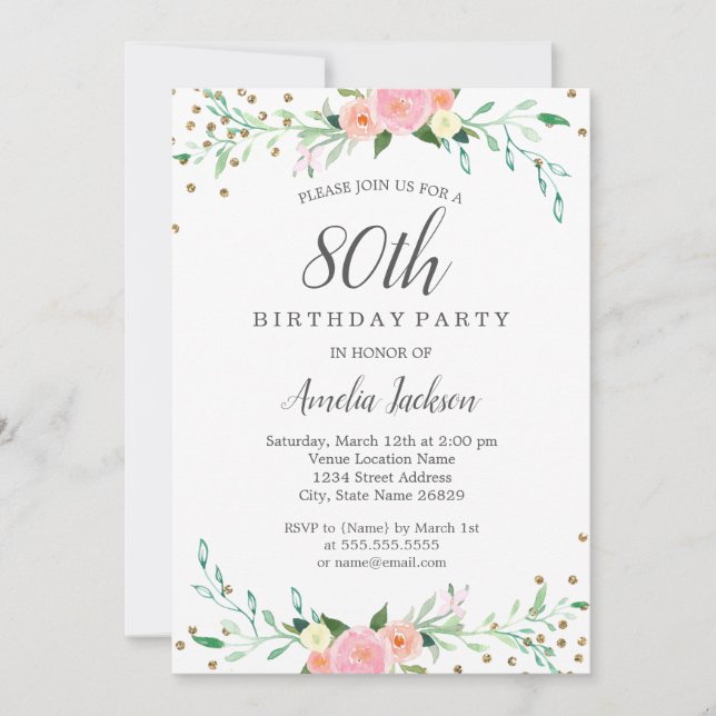 Invitation Sweet Floral Sparkle Confetti 80e fête d'anniversa (Devant)