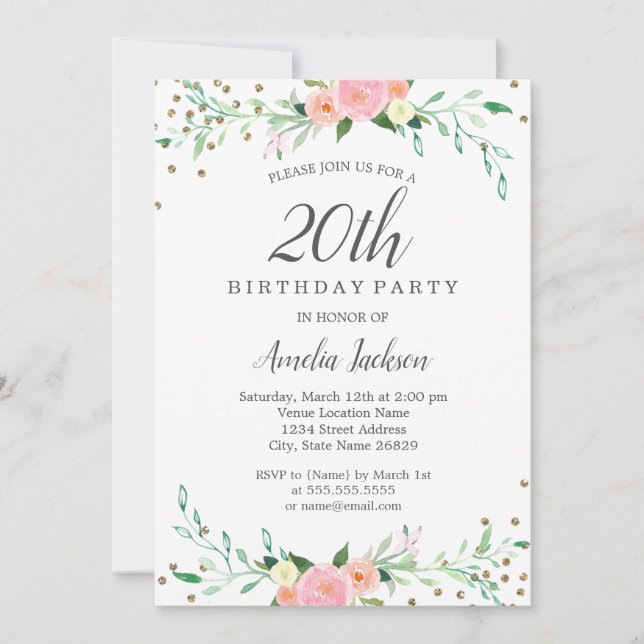 Invitation Sweet Floral Sparkle Confetti fête de 20e annivers (Devant)