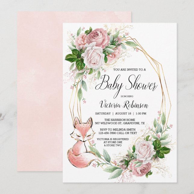 Invitation Sweet Fox rose Aquarelle Baby shower vert (Devant / Derrière)