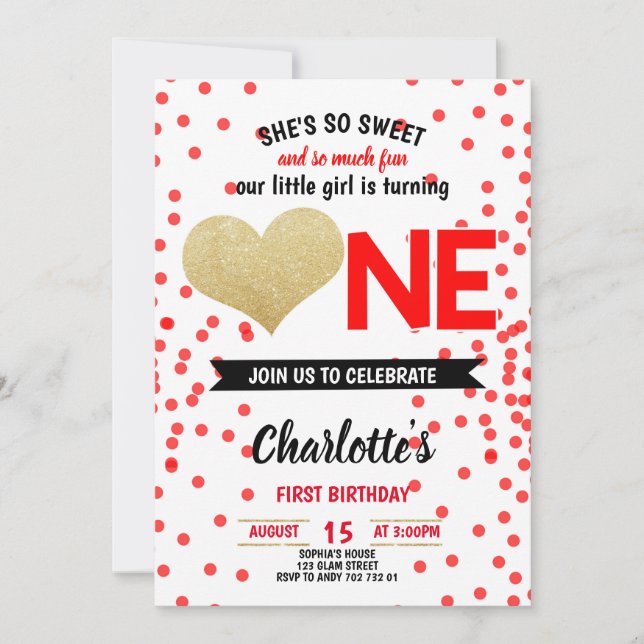Invitation Sweet & Fun Black Red Heart Girl Premier anniversa (Devant)