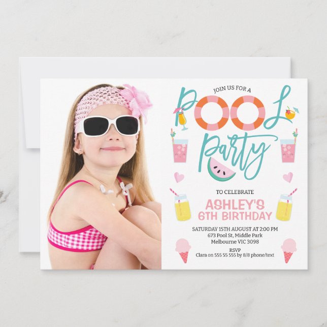 Invitation Sweet Girls Photo Summer Pool Party Anniversaire (Devant)