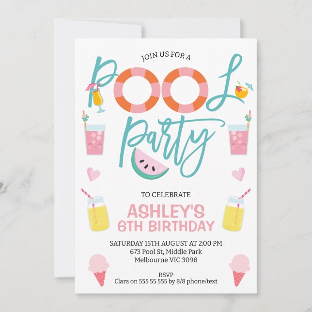 Invitation Sweet Girls Summer Pool Party Anniversaire Invitat (Devant)