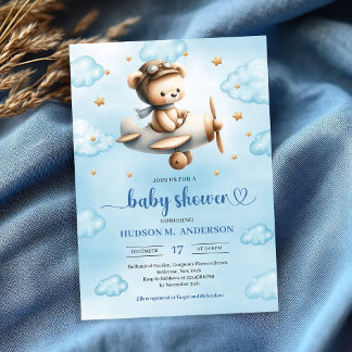 Invitation Sweet gold airplane bear theme boy baby shower 