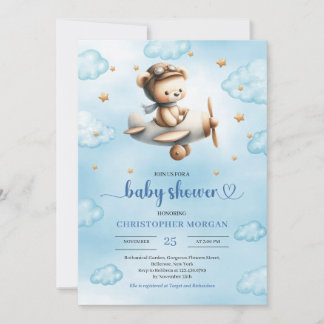 Invitation Sweet gold airplane bear theme boy baby shower 