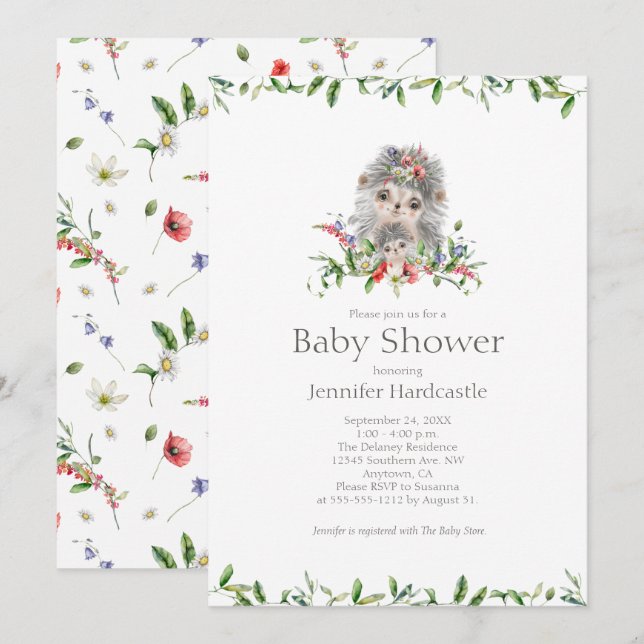 Invitation Sweet Hérisson Aquarelle Baby shower Floral (Devant / Derrière)