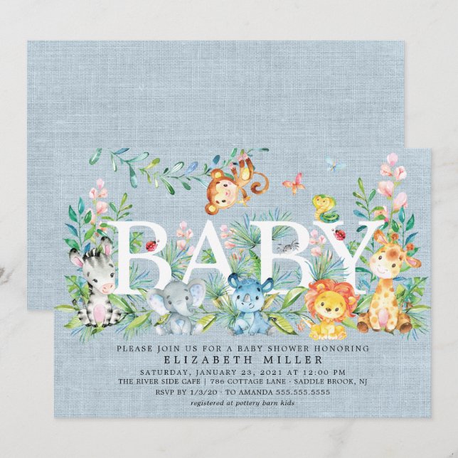 Invitation Sweet Jungle Animaux garçons Baby shower Invitatio (Devant / Derrière)