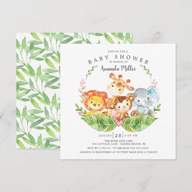 Invitation Sweet Jungle Safari Animaux Baby showers garçons (Devant / Derrière)